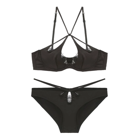 Luxurious Satin Eyelash Lace Lingerie Top And Bottom Deep V Backless Criss-cross Straps Push Up Bra Briefs Set For Women