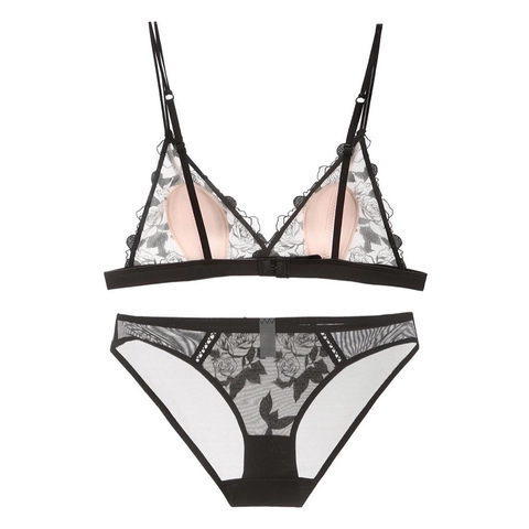 Franse Stijl Driehoek Cup Bralette Beha En Slipje Polyester Kant Roos Borduursel Mesh Ademend Minimizer Lingerie Voor Vrouwen