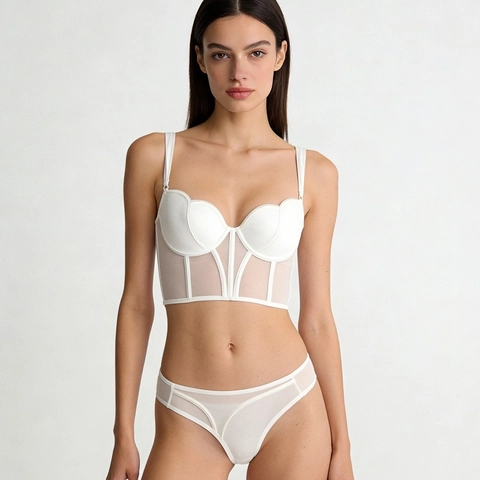 Set Reggiseno Corsetto Bustier in Rete Sexy Francese da Donna Coppa Sottile Stile Lungo Stecche Sostegno Schiena Lingerie