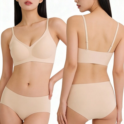 Damen Nahtloser Nylon Elasthan Bh Und Slip Herzmuster V-Ausschnitt Kabelloses Schöner Rücken Lingerie-Set Komfortabler Dünner Cup