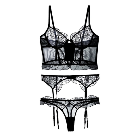 Lingerie Sexy in Pizzo Floreale Francese Corsetto Trasparente in Mesh Con Reggicalze Regolabile Perizoma Donna Intimo