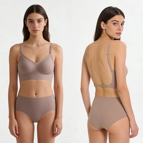 Ensemble Soutien-Gorge et Culotte Sans Couture Dos Nu Femme Bralette Sans Armature Bretelles Amovibles Lingerie Sexy