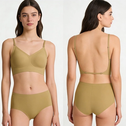 Ensemble Soutien-Gorge et Culotte Sans Couture Dos Nu Femme Bralette Sans Armature Bretelles Amovibles Lingerie Sexy