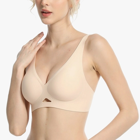 Sujetador Sin Costuras Sexy con Cuello en V Profundo para Mujer Soporte Suave Transpirable Bralette con Espalda Cruzada Lencería de Nailon