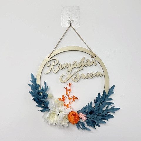 Ghirlanda in Legno Ramadan Kareem da Appendere alla Parete Con Fiori Artificiali Segno Rotondo Eid Mubarak per Decorazione Casa