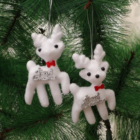 White Foam Reindeer Christmas Hanging Ornament Plush Deer Figurine With Red Bowknot For Christmas Tree Window Home Decor
