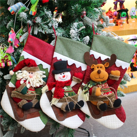 Calza di Natale in Velluto Decorazione Appendere 3D Babbo Natale Pupazzo di Neve Renna Applique Peluche Sacchetto Regalo Caramelle per Casa Albero Natale