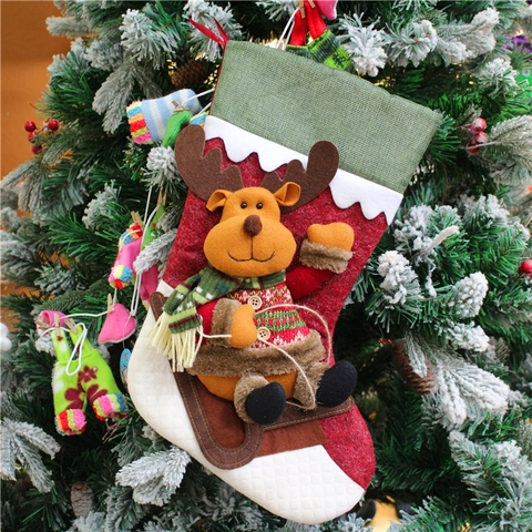 Calza di Natale in Velluto Decorazione Appendere 3D Babbo Natale Pupazzo di Neve Renna Applique Peluche Sacchetto Regalo Caramelle per Casa Albero Natale