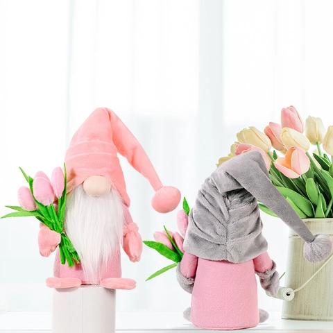 Moederdag Tulp Kabouter Pluche Decoratie Handgemaakte Gezichtsloze Gonk Pop Met Lange Baard Lente Home Decor Bloem Cadeau