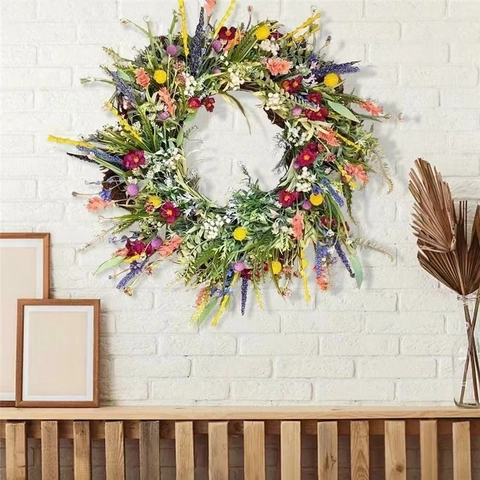 Artificial Wildflower Wreath For Front Door Wall Decoration Rural Pastoral Style Handmade Plastic Satin Floral Hanging Decor