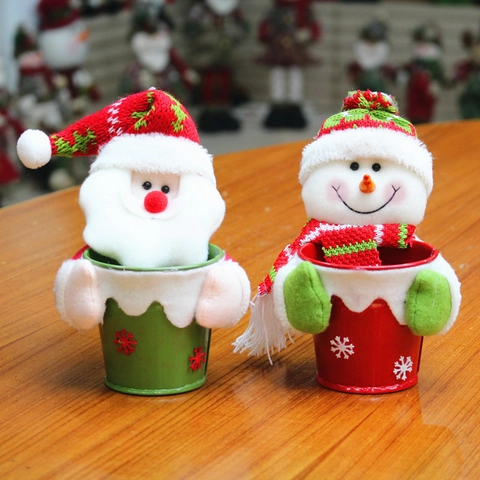 Pot à Confiseries de Noël en Tissu Seau Cadeau Père Noël Bonhomme de Neige Décoration de Table pour Réveillon Fête Maison Ornement Petit Pot Cadeau