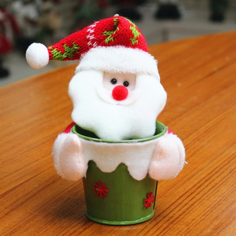 Pot à Confiseries de Noël en Tissu Seau Cadeau Père Noël Bonhomme de Neige Décoration de Table pour Réveillon Fête Maison Ornement Petit Pot Cadeau