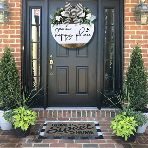 Farmhouse Wooden Welcome Door Sign This Is Happy Place Hanging Round Wood Plaque With Bow Eucalyptus Cotton Home Wall Decor