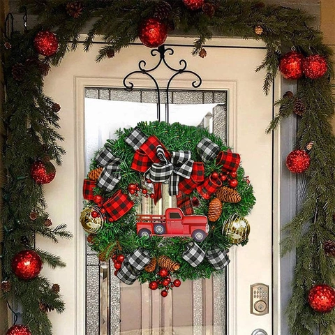 Ghirlanda di Natale Con Fiocco a Quadri Buffalo Bacche Rosse Segnale Merry Christmas Plastica Pino Artificiale Fattoria Decorazione Porta Appesa