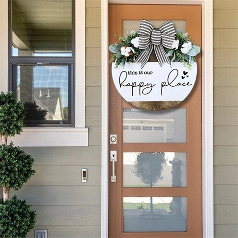 Farmhouse Wooden Welcome Door Sign This Is Happy Place Hanging Round Wood Plaque With Bow Eucalyptus Cotton Home Wall Decor