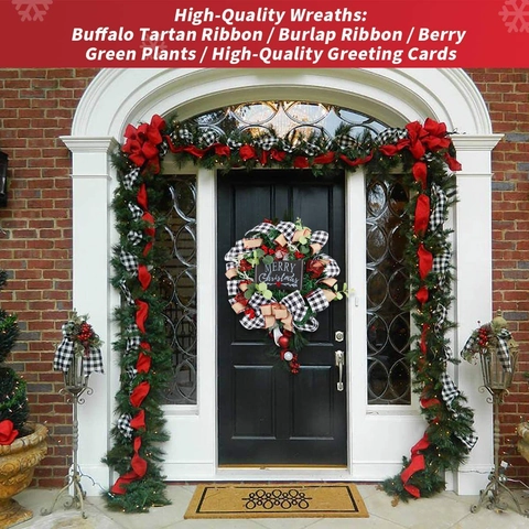 Ghirlanda di Natale Con Fiocco a Quadri Buffalo Bacche Rosse Segnale Merry Christmas Plastica Pino Artificiale Fattoria Decorazione Porta Appesa