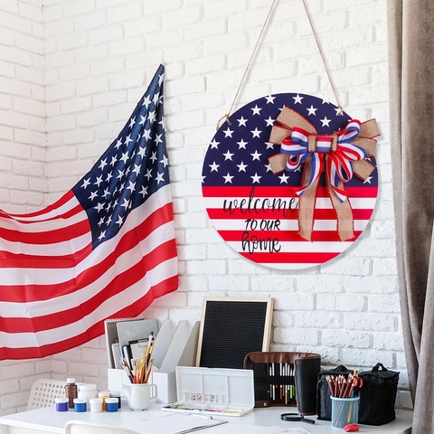 Unabhängigkeitstag Holz Willkommensschild Patriotisch Rund Türhänger Amerikanische Flagge Deko Sackleinen Schleife Wandschild