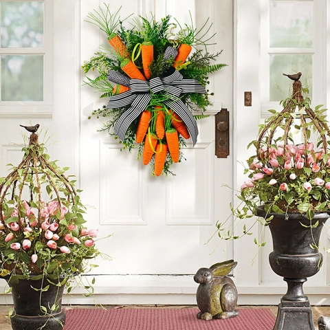 Easter Carrot Wreath Artificial Greenery Hanging Ornament With Striped Bow Spring Home Wall Door Decoration Festive Party