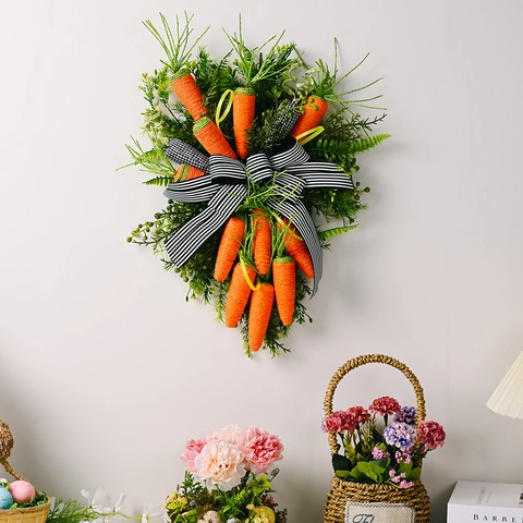 Easter Carrot Wreath Artificial Greenery Hanging Ornament With Striped Bow Spring Home Wall Door Decoration Festive Party