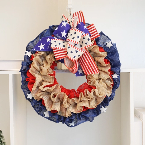 Ghirlanda del Giorno dell'Indipendenza Americana in Juta Rosso Bianco Blu Stelle Strisce Fiocco Decorazione da Appendere Patriotica