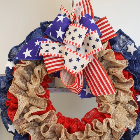 Ghirlanda del Giorno dell'Indipendenza Americana in Juta Rosso Bianco Blu Stelle Strisce Fiocco Decorazione da Appendere Patriotica