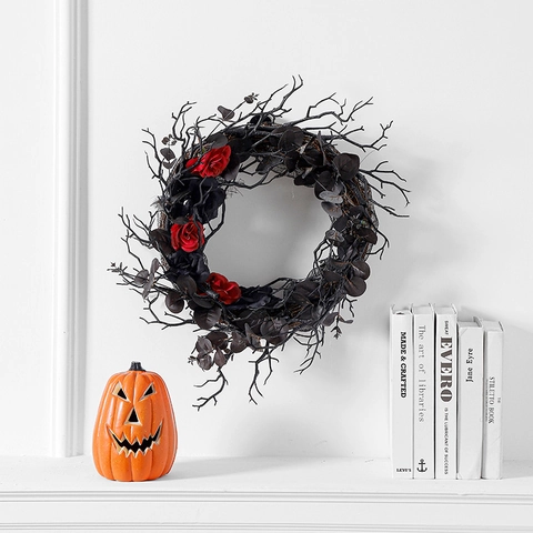 Gothic Halloween Krans Zwarte Gedroogde Takken Rode Rozen Kunstkrans Voor Voordeur Muur Ophangen Feest Huisdecoratie
