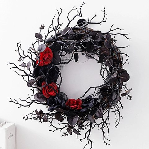 Gothic Halloween Krans Zwarte Gedroogde Takken Rode Rozen Kunstkrans Voor Voordeur Muur Ophangen Feest Huisdecoratie