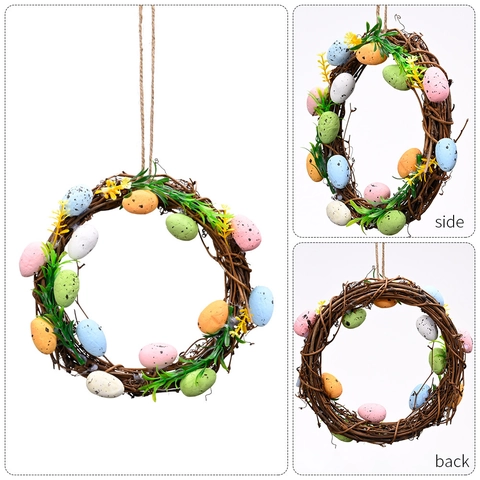 Easter Egg Wreath Artificial Colorful Speckled Eggs Vine Rattan Base Spring Floral Garland For Front Door Wall Home Decoration