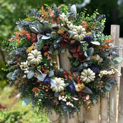 Ghirlanda Autunnale per Porta d'Ingresso Ringraziamento Zucca Foglia di Eucalyptus Artificiale Ghirlanda Floreale per Festival Autunnale Casa Decorazione