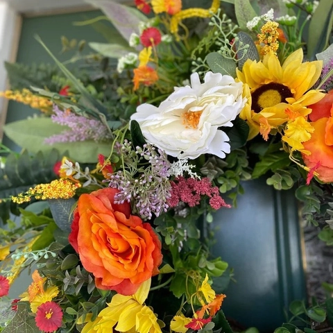 Guirnalda de Girasol y Rosa Artificial Guirnalda Floral de Verano para Decoración de Pared de Puerta de Entrada Estilo Pastoral Adorno de Flores Hecho a Mano