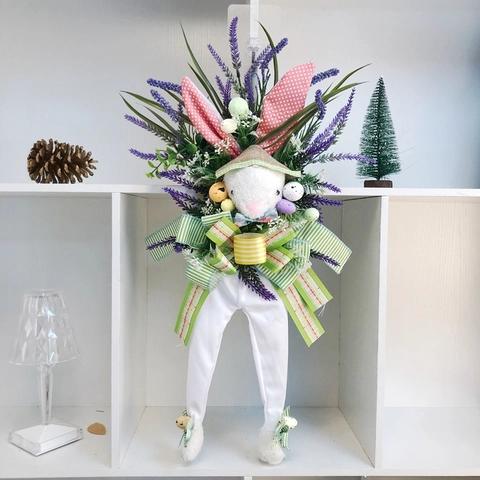 Paashaas Krans Wanddecoratie Strohoed Lavendel Kunstbloemen Eieren Strik Voor Huis Deur Raam Decoratie