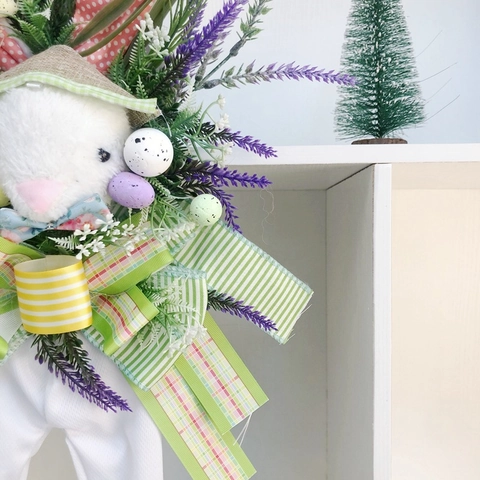Paashaas Krans Wanddecoratie Strohoed Lavendel Kunstbloemen Eieren Strik Voor Huis Deur Raam Decoratie