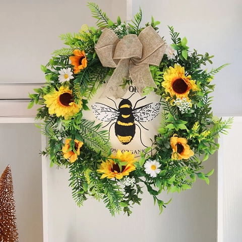Ghirlanda Artificiale di Girasole e Ape Con Fiocco di Iuta Arredamento Rustico da Appendere Alla Porta per Soggiorno e Casa