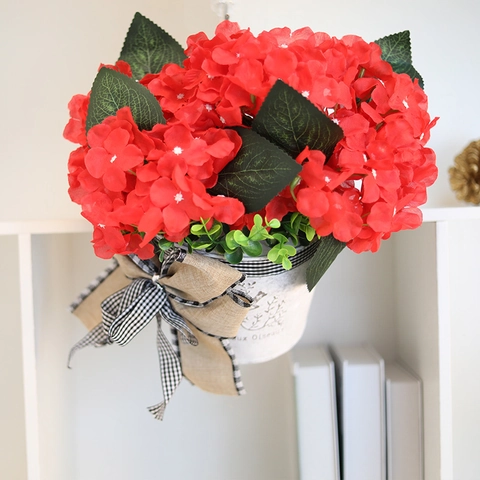 Red Geranium Artificial Potted Flower Wall Hanging With Bow Rural Vintage Style Simulated Plant For Home Party Decor
