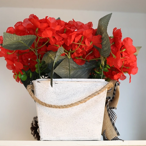 Red Geranium Artificial Potted Flower Wall Hanging With Bow Rural Vintage Style Simulated Plant For Home Party Decor