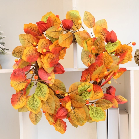 Ghirlanda di Foglie d'Acero Autunnale Artificiale per Decorazione del Ringraziamento Ghirlanda da Appendere con Bacche