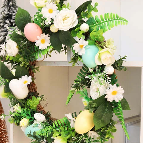 Artificial Easter Egg Wreath With White Rose Daisy Green Leaves Colorful Eggs Floral Door Wreath For Home Festive Decoration