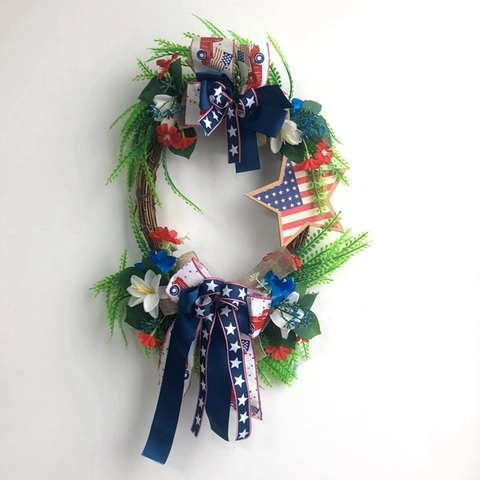 Ghirlanda Patriottica Giorno dell'Indipendenza Rosso Bianco Blu Stella Fiocco Anello in Rattan Decorazione da Appendere Porta