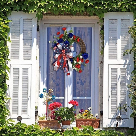 Ghirlanda Patriottica Giorno dell'Indipendenza USA Rosso Bianco Blu Fiori Finti in Vimini con Fiocco a Stelle e Strisce Casa