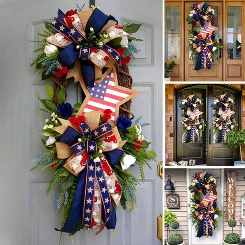 Ghirlanda Patriottica Giorno dell'Indipendenza Rosso Bianco Blu Stella Fiocco Anello in Rattan Decorazione da Appendere Porta