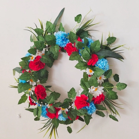 Ghirlanda del Giorno dell'Indipendenza Patriottica Rossa Bianca Blu Ghirlanda di Fiori Artificiali per Porta Casa Parete Festa Decorazione