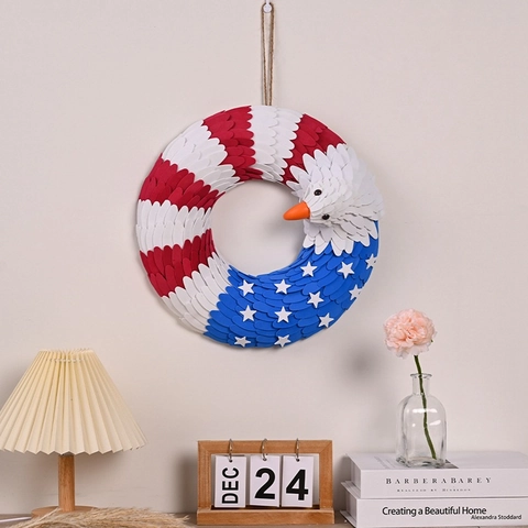 Ghirlanda Patriotica del Giorno dell'Indipendenza Americana Aquila Rosso Bianco Blu Stelle Strisce Decorazione Parete Porta