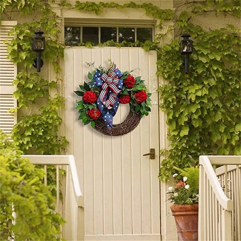 Patriotic Independence Day Wreath Plastic Rattan Star Bow Decoration For Front Door Wall Home 4th Of July Holiday Festive Decor