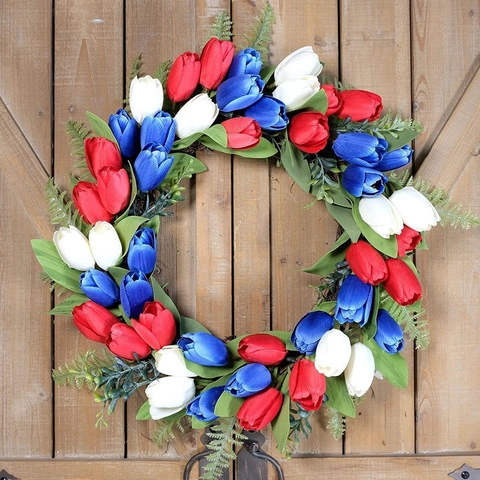 USA Independence Day Artificial Tulip Wreath Red White Blue Patriotic Front Door Decoration Handmade Fabric Rattan Wall Hanging Garland Home Decor
