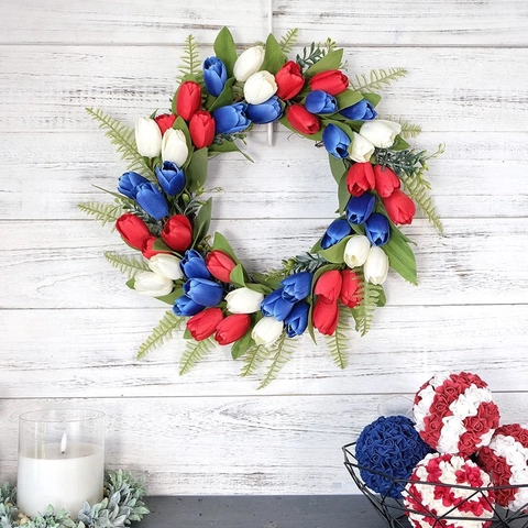 USA Independence Day Artificial Tulip Wreath Red White Blue Patriotic Front Door Decoration Handmade Fabric Rattan Wall Hanging Garland Home Decor