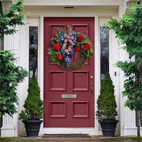 Patriotic Independence Day Wreath Plastic Rattan Star Bow Decoration For Front Door Wall Home 4th Of July Holiday Festive Decor
