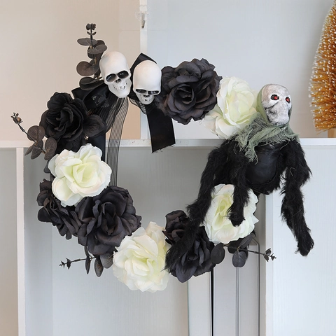 Halloween Totenkopf Rose Kranz Gotisch Schwarz Weiß Kunstblumen Türdekoration Spukhaus Horror Party Dekor