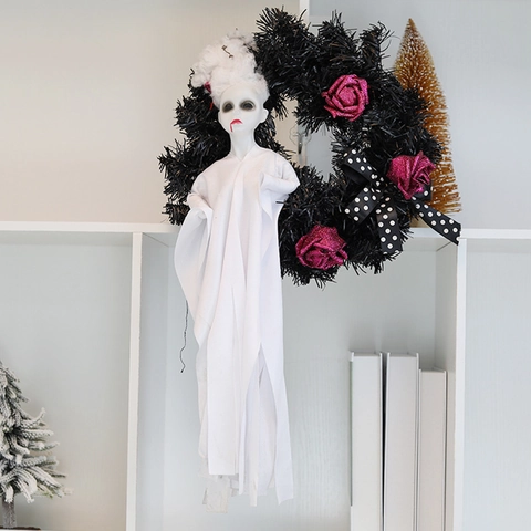 Ghirlanda di Fantasmi Bianchi Spettrali di Halloween Rose Glitterate Rosa Fiocco a Pois Decorazione da Appendere alla Porta