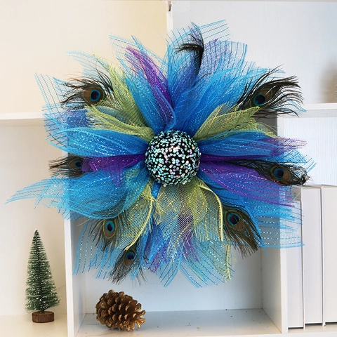 Ghirlanda di Piume di Pavone Decorazione per la Casa Ornamento da Appendere alla Parete Con Piume Naturali Blu Viola Mesh Paillettes Ghirlanda Fatta a Mano