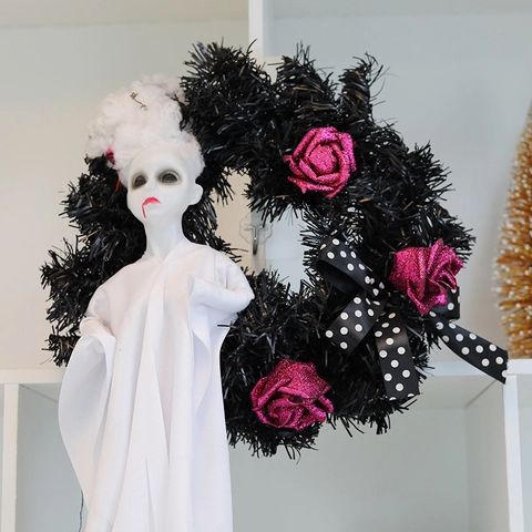 Ghirlanda di Fantasmi Bianchi Spettrali di Halloween Rose Glitterate Rosa Fiocco a Pois Decorazione da Appendere alla Porta